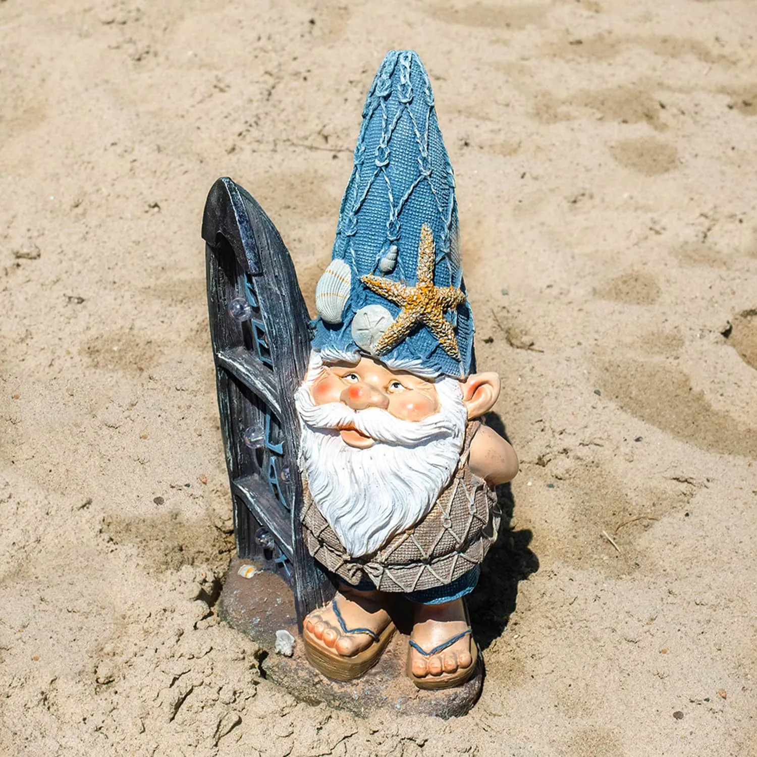 Solar Good Time Surfing Sol Beach Bum Gnome Garden Statue with Relax Marquee Surfboard Sign, 15.5 Inch