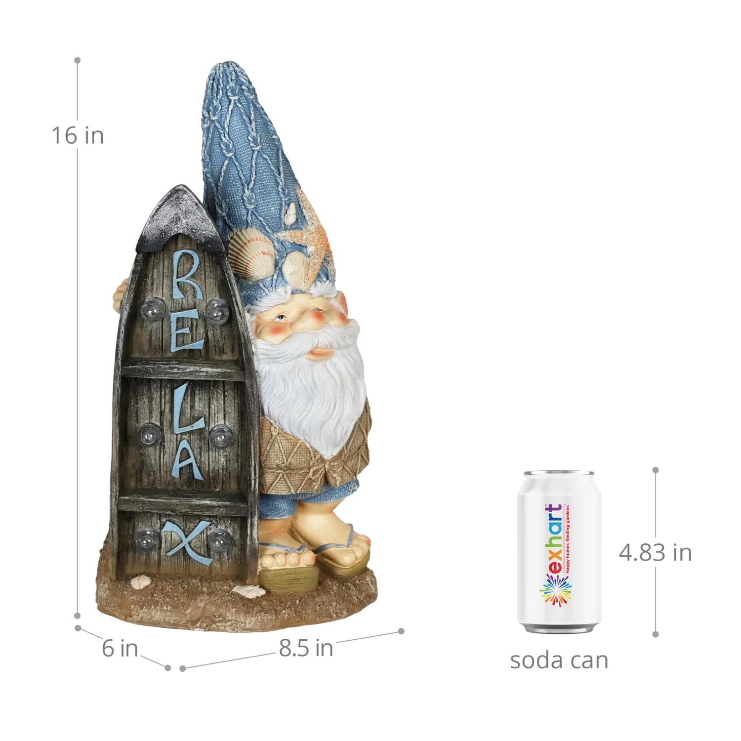 Solar Good Time Surfing Sol Beach Bum Gnome Garden Statue with Relax Marquee Surfboard Sign, 15.5 Inch
