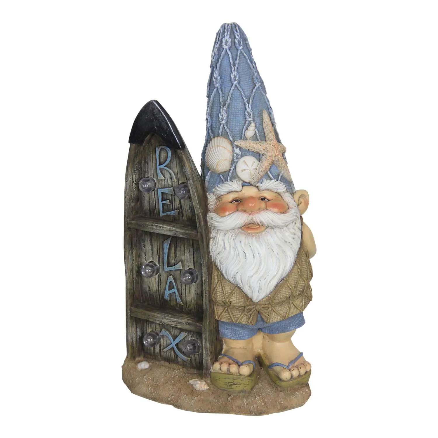 Solar Good Time Surfing Sol Beach Bum Gnome Garden Statue with Relax Marquee Surfboard Sign, 15.5 Inch