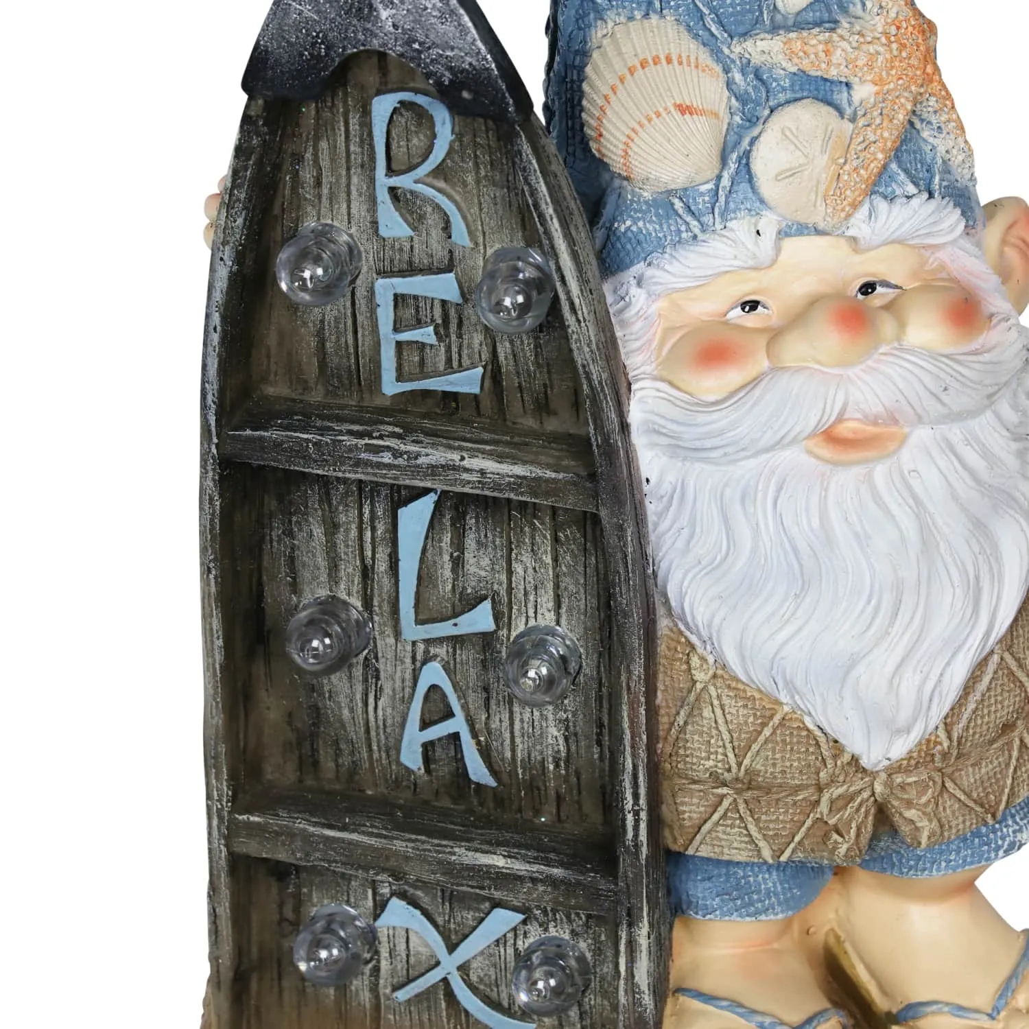 Solar Good Time Surfing Sol Beach Bum Gnome Garden Statue with Relax Marquee Surfboard Sign, 15.5 Inch