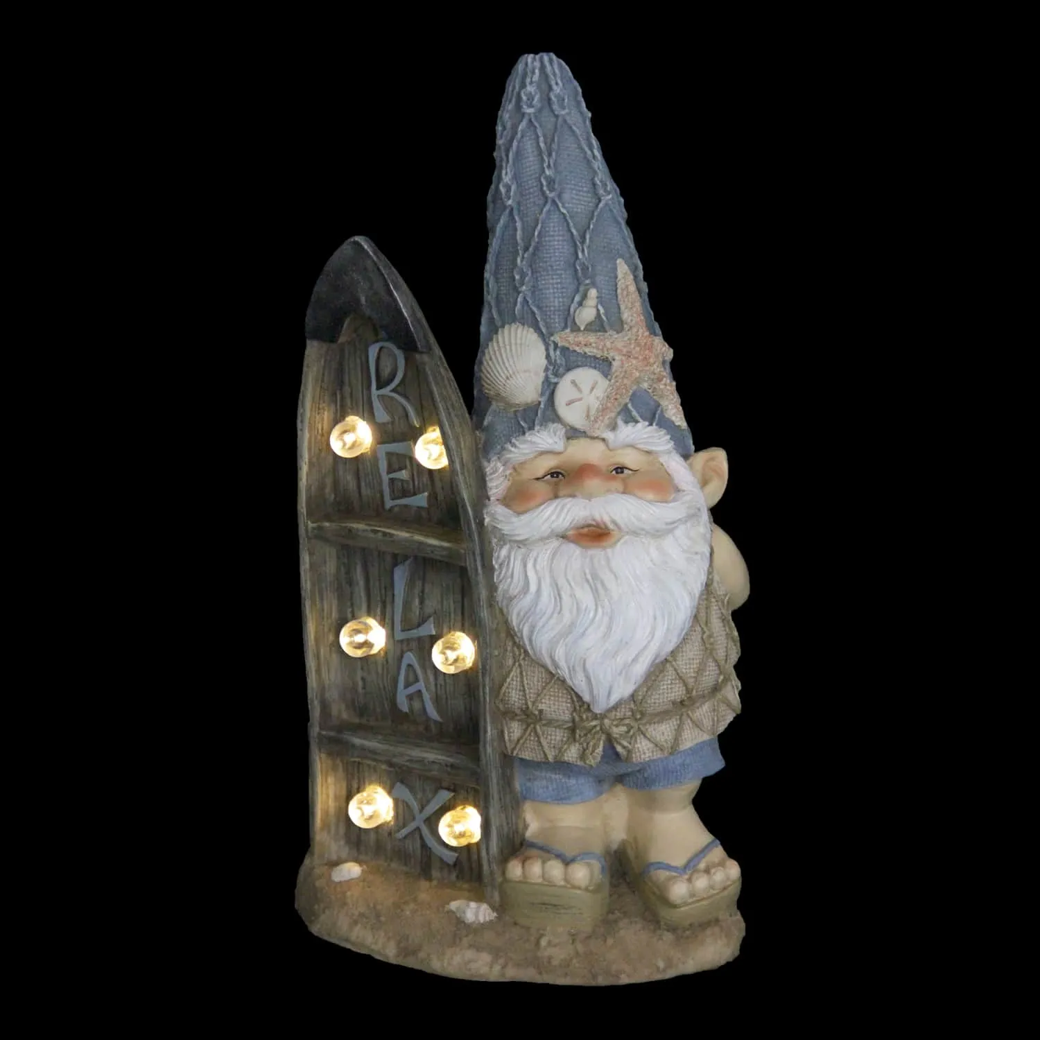 Solar Good Time Surfing Sol Beach Bum Gnome Garden Statue with Relax Marquee Surfboard Sign, 15.5 Inch
