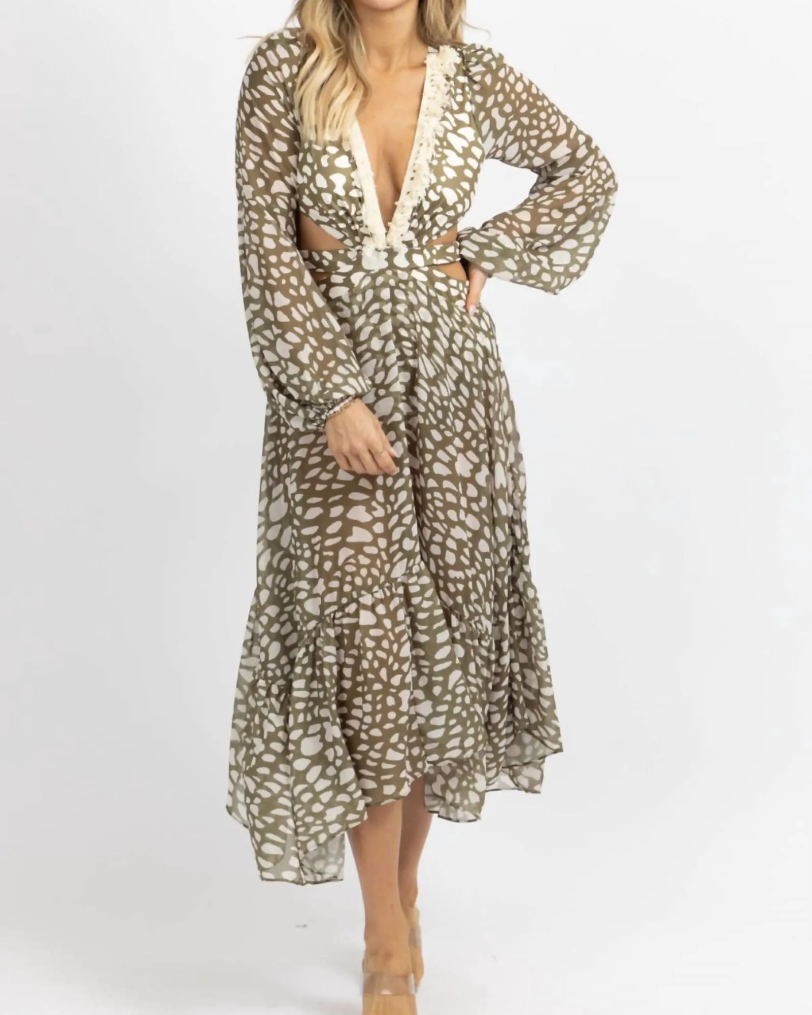 Spotted Fringe Maxi Dress In Olive   Ivory | Olive   Ivory