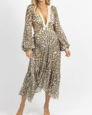 Spotted Fringe Maxi Dress In Olive   Ivory | Olive   Ivory