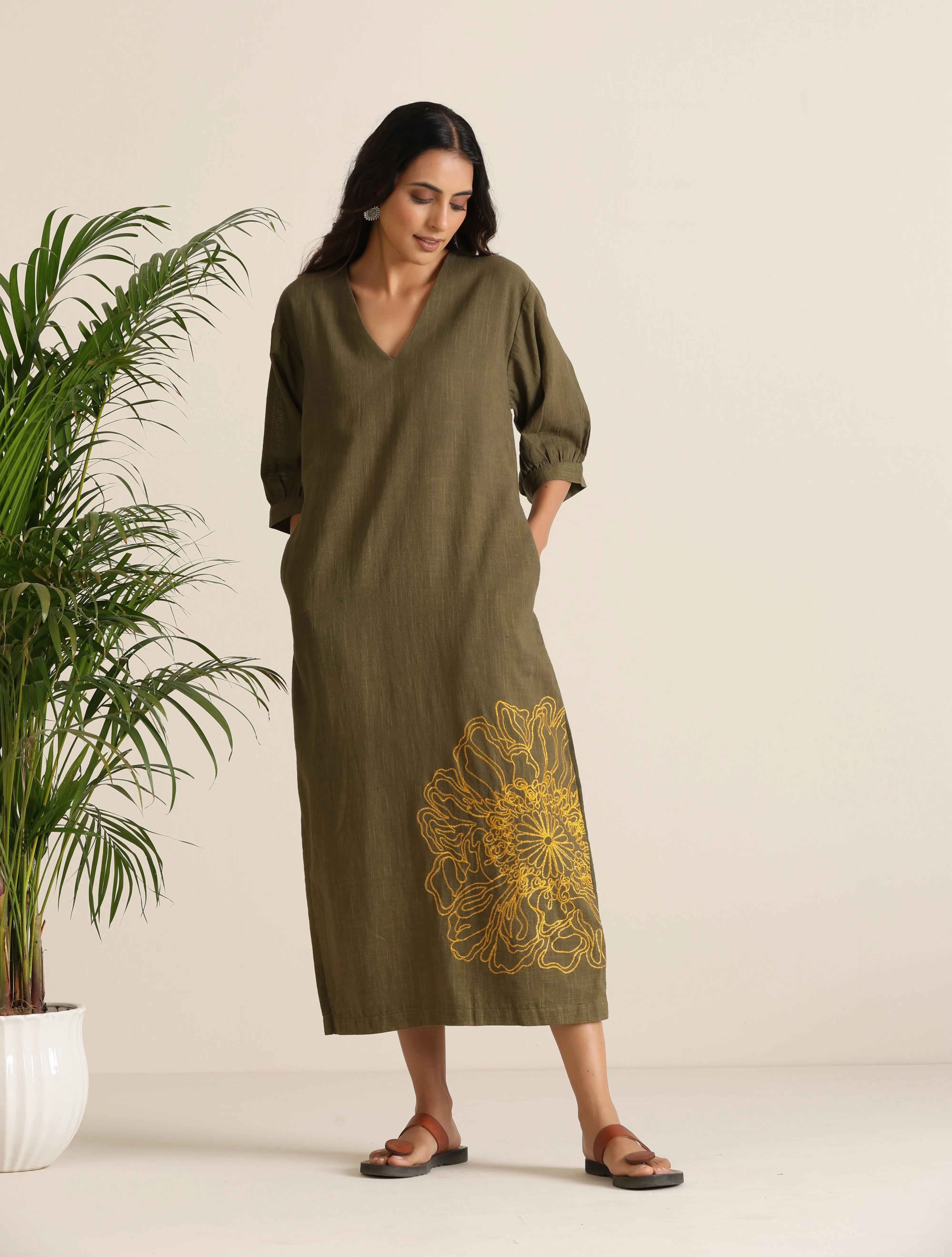 trueBrowns Olive Cotton Embroidered Dress