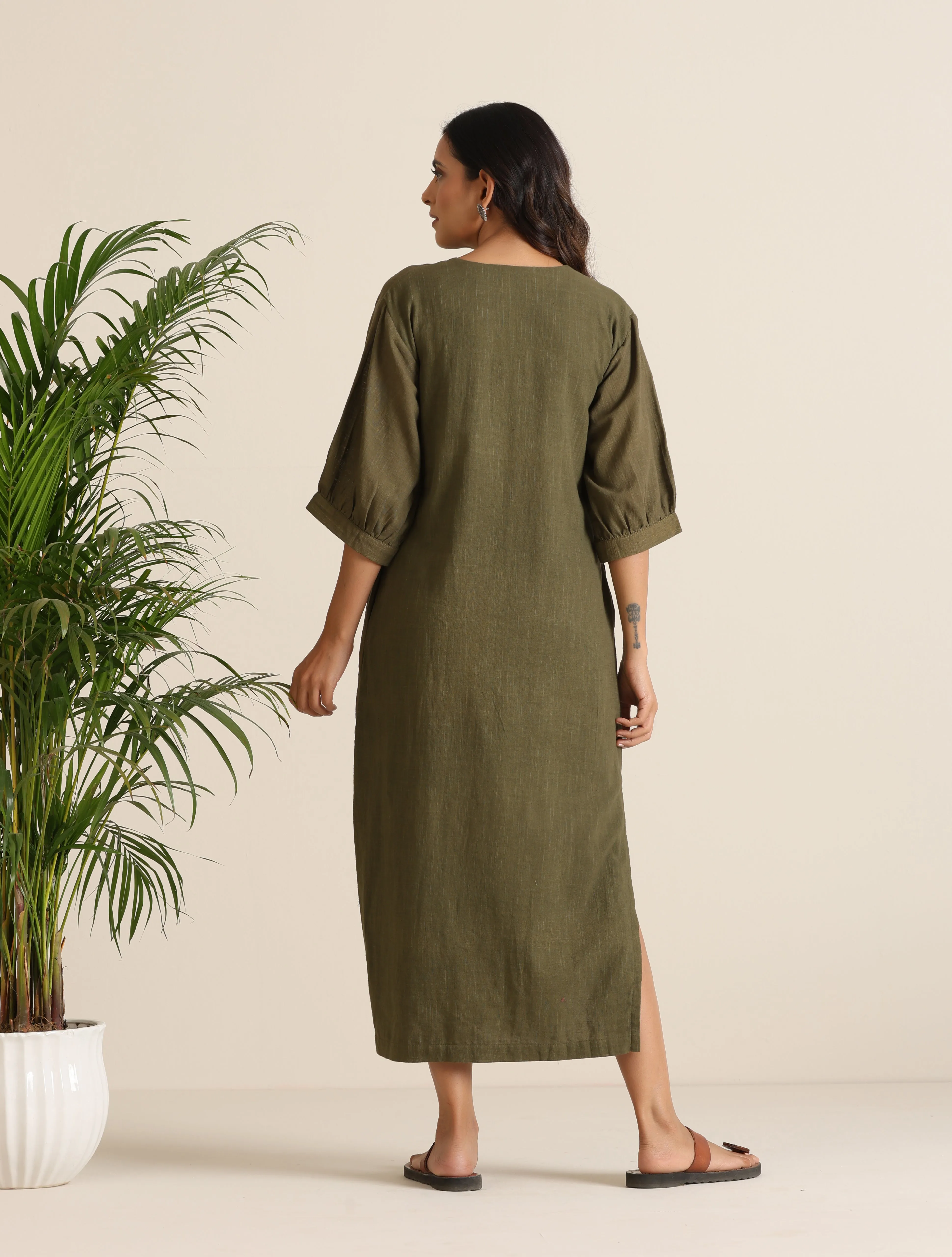 trueBrowns Olive Cotton Embroidered Dress
