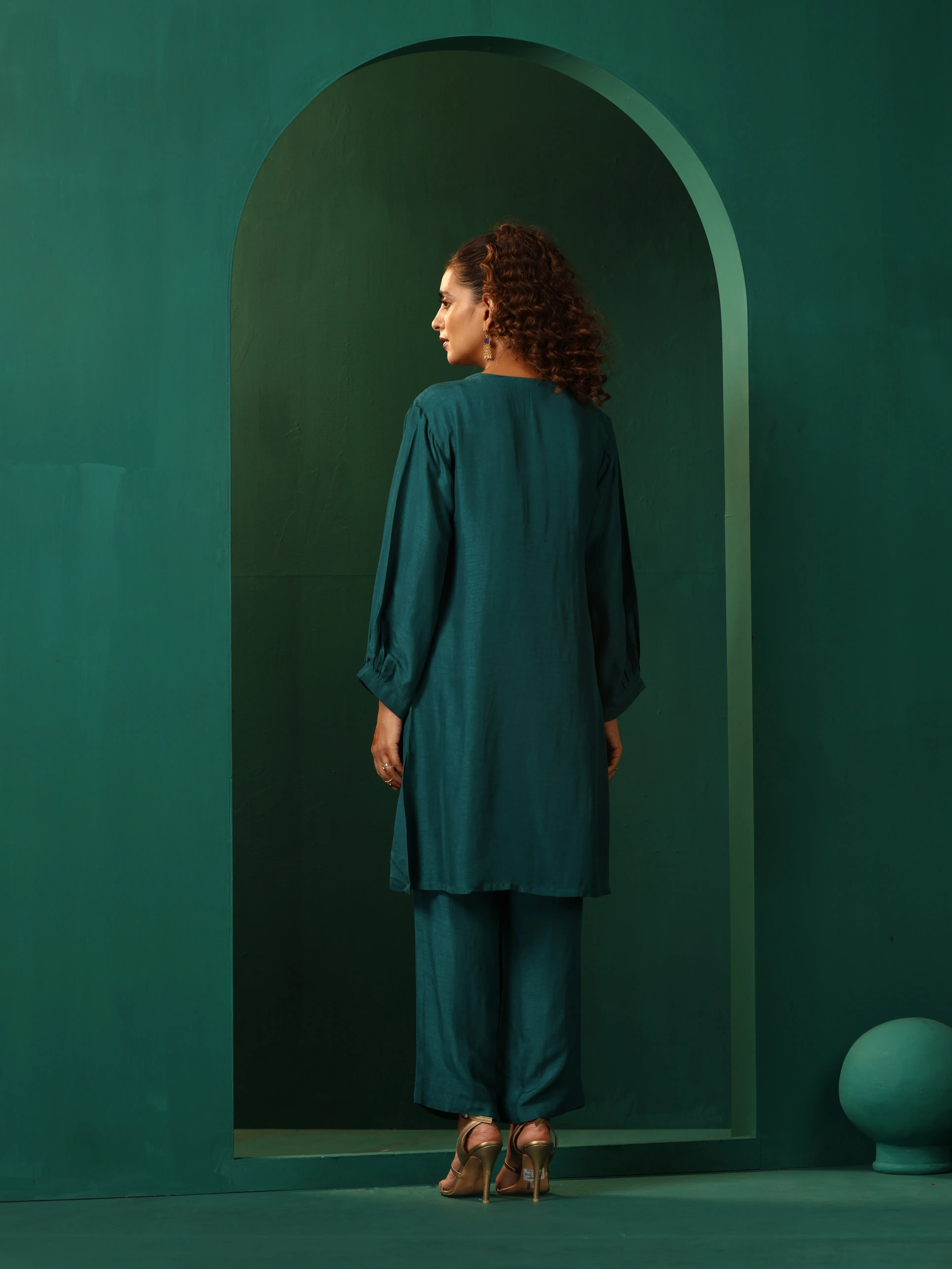 trueBrowns Teal Silk Relaxed Placket Co-ord Set