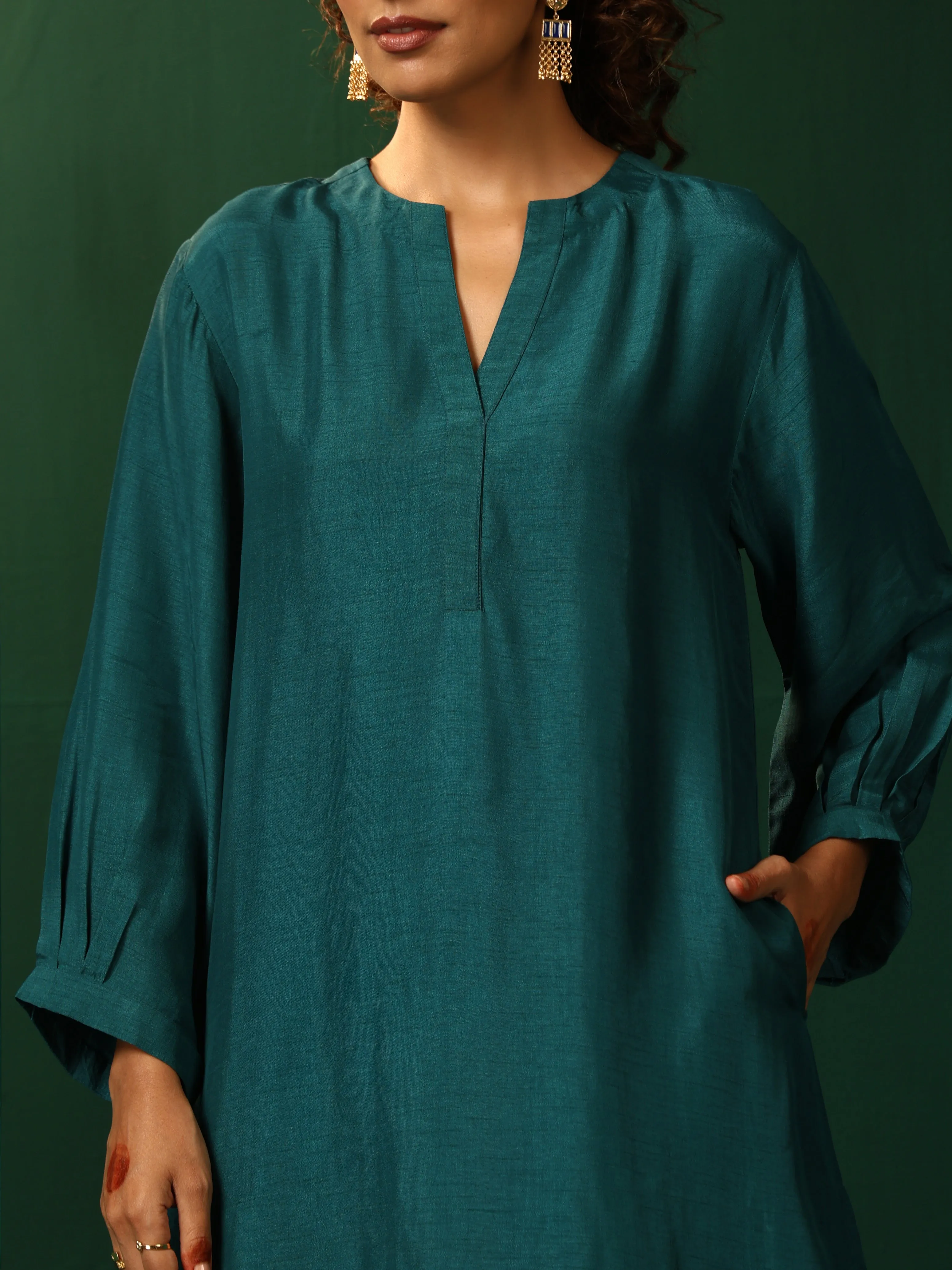 trueBrowns Teal Silk Relaxed Placket Co-ord Set