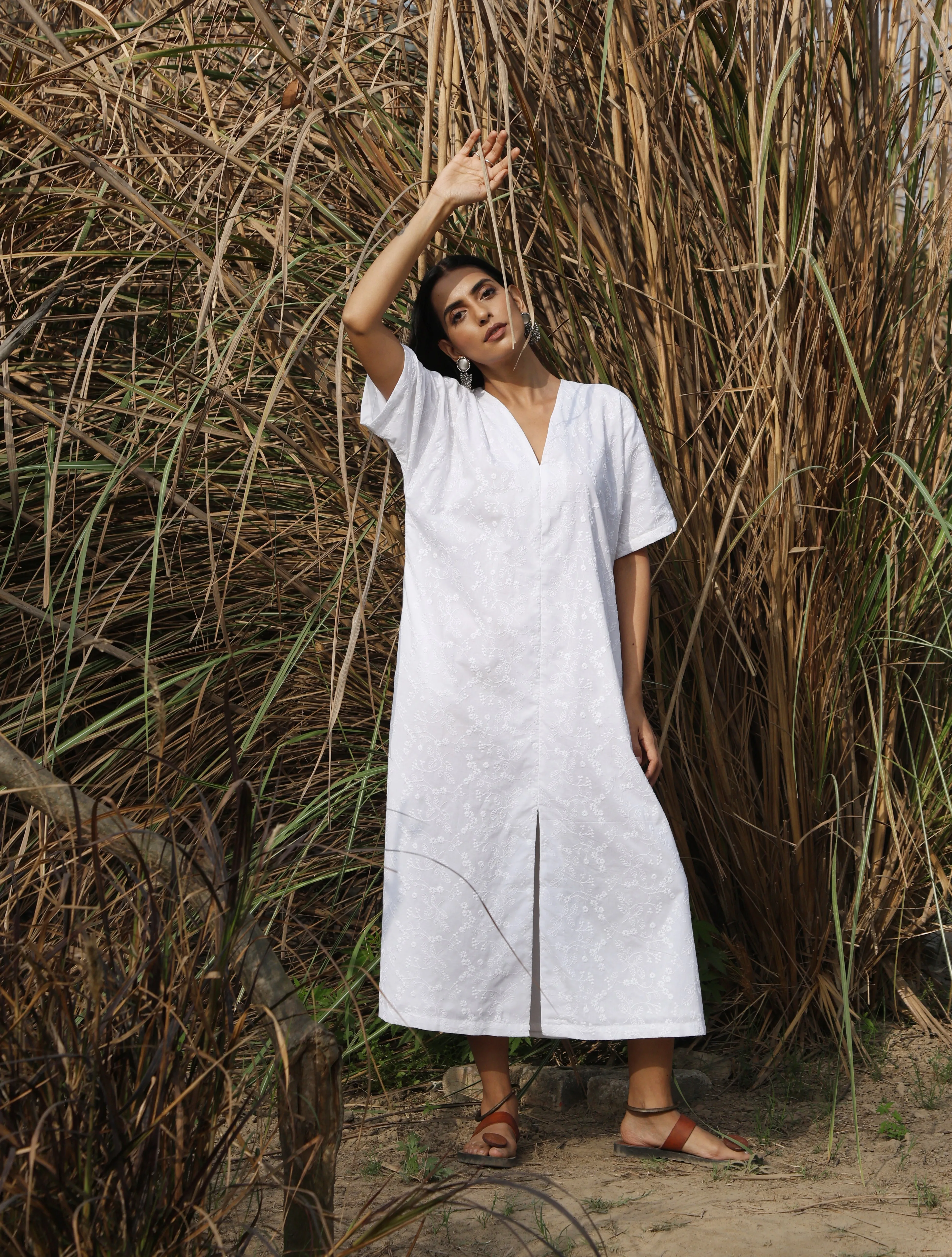 trueBrowns White Cotton Embroidered Front Slit Dress