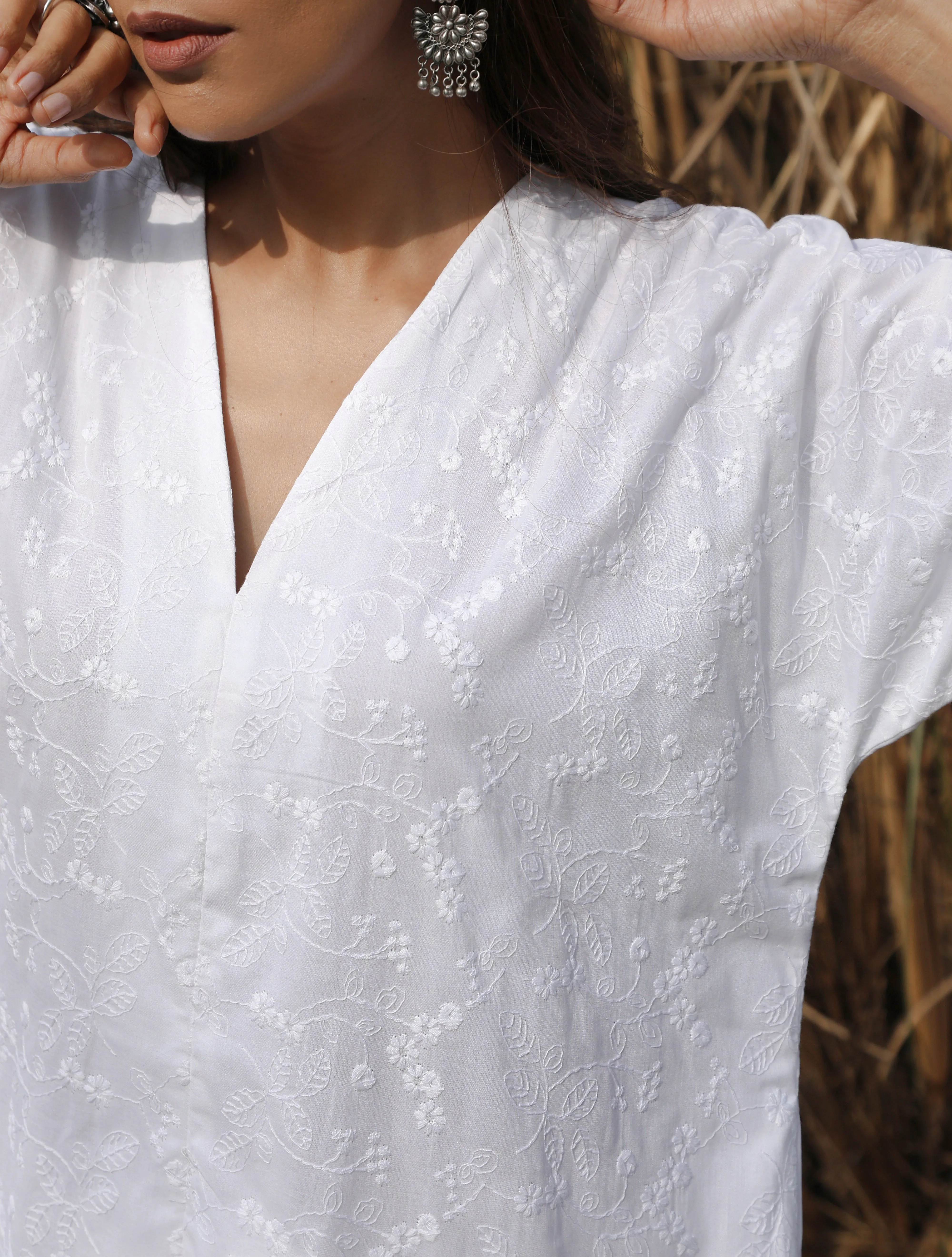 trueBrowns White Cotton Embroidered Front Slit Dress