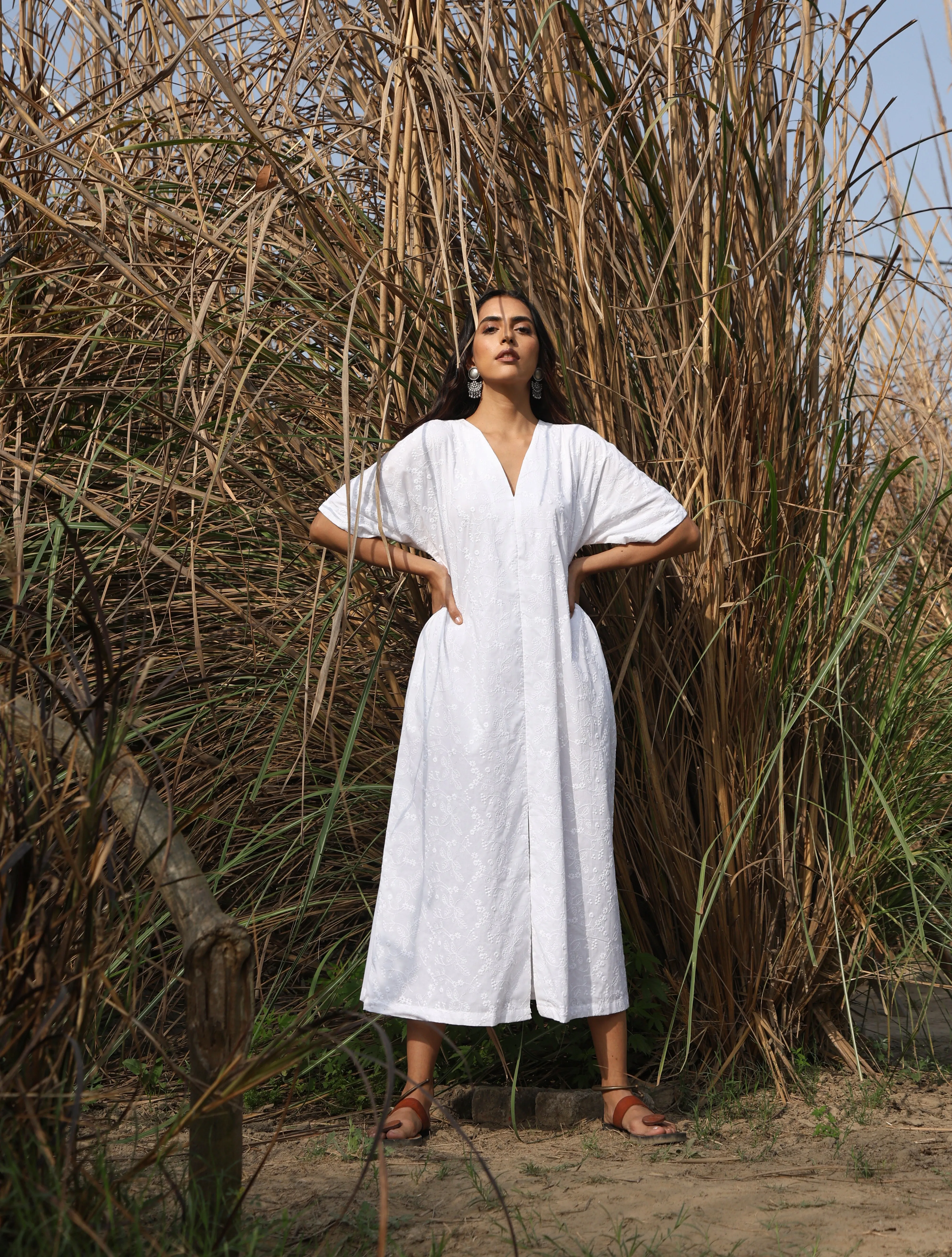 trueBrowns White Cotton Embroidered Front Slit Dress