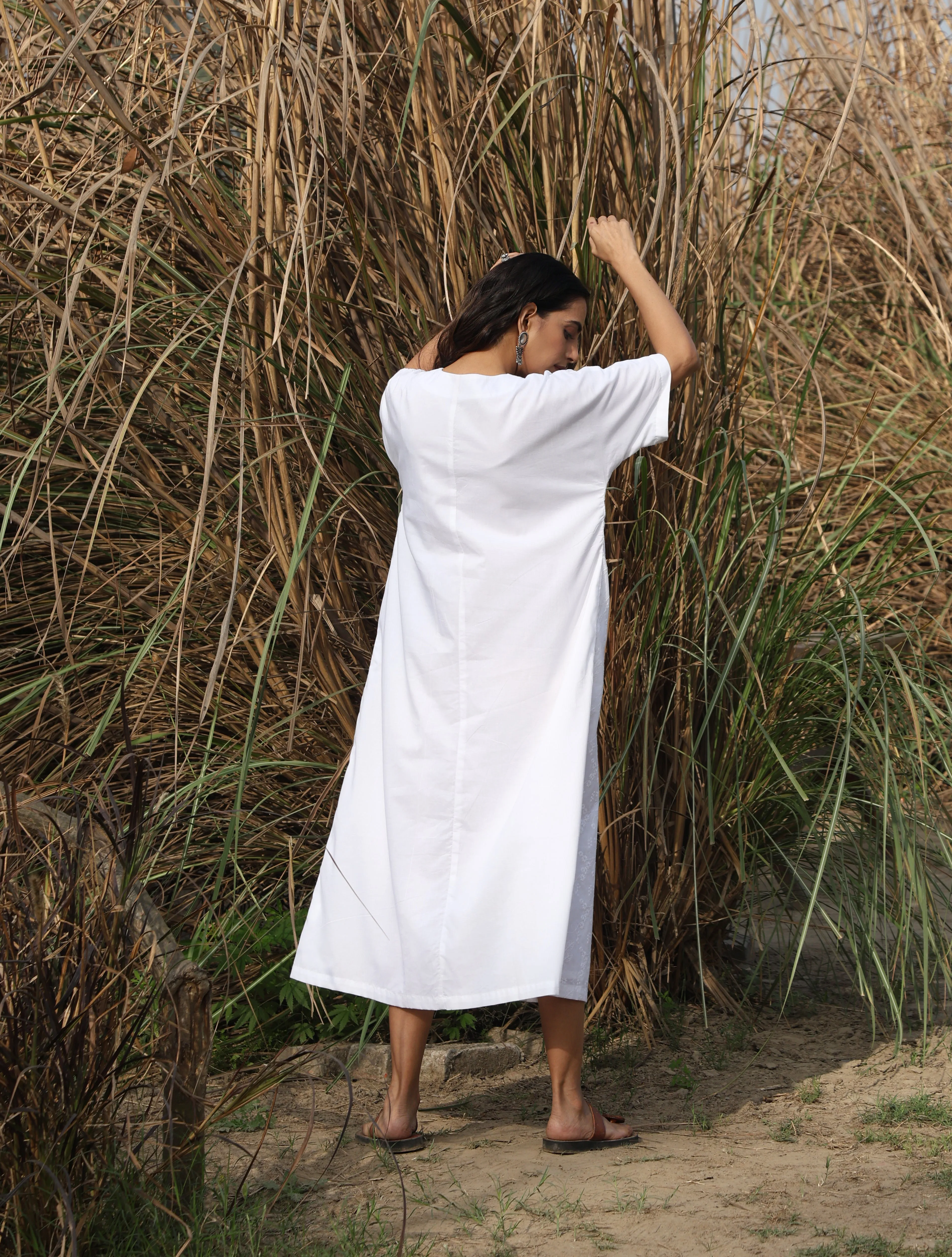 trueBrowns White Cotton Embroidered Front Slit Dress