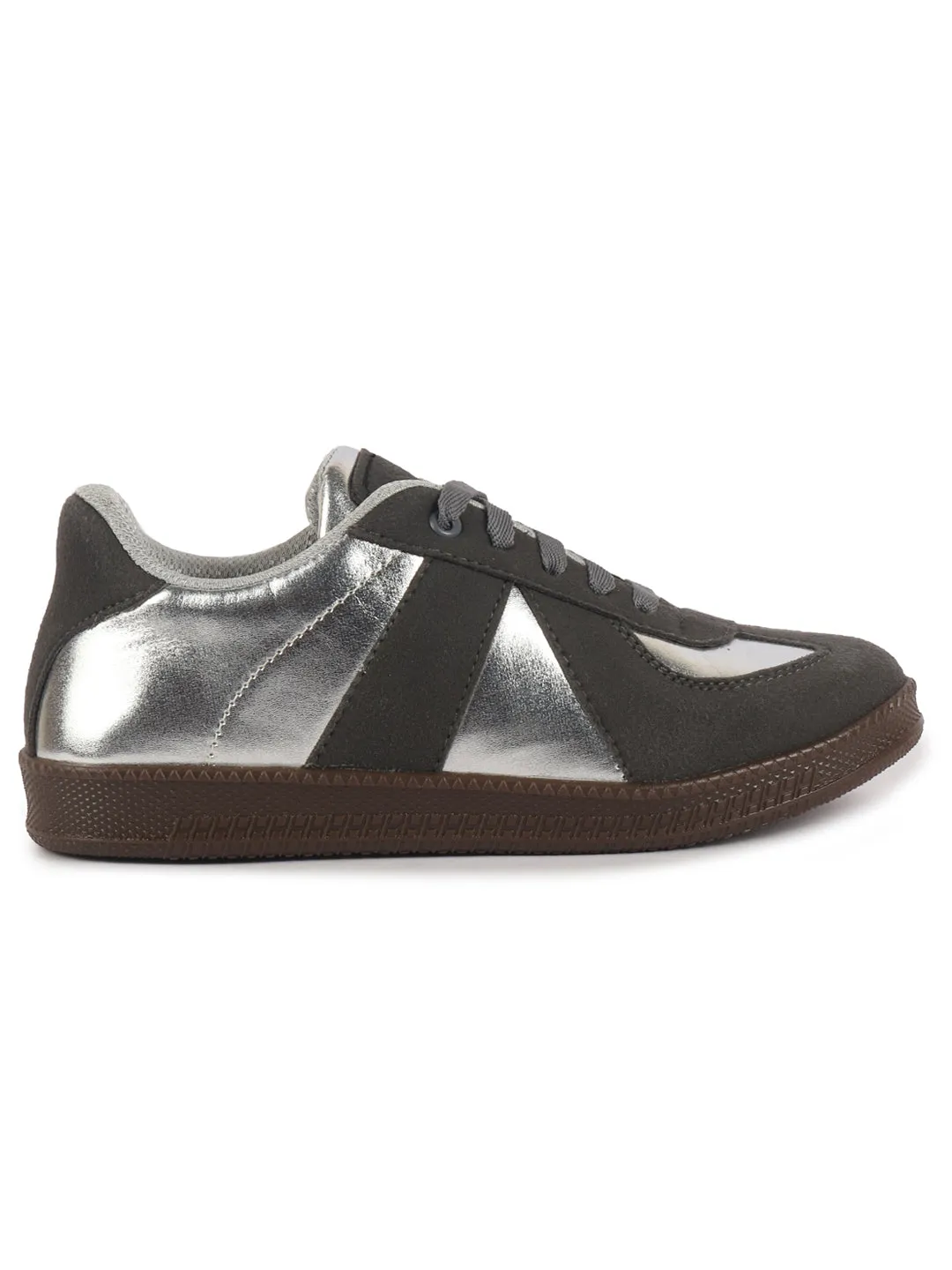 Women Dark Grey Embellished Classic Lace-Up Casual Shoes|Memory Cushioned Comfortable Sneakers