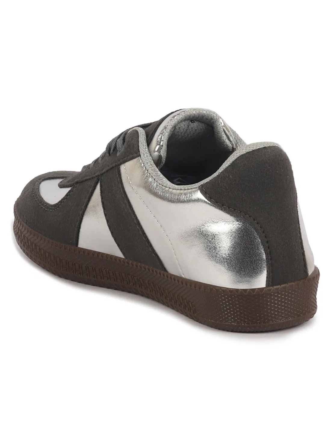 Women Dark Grey Embellished Classic Lace-Up Casual Shoes|Memory Cushioned Comfortable Sneakers