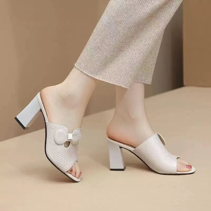 Women's Fashionable Bow Square Heel Slippers 99885936S